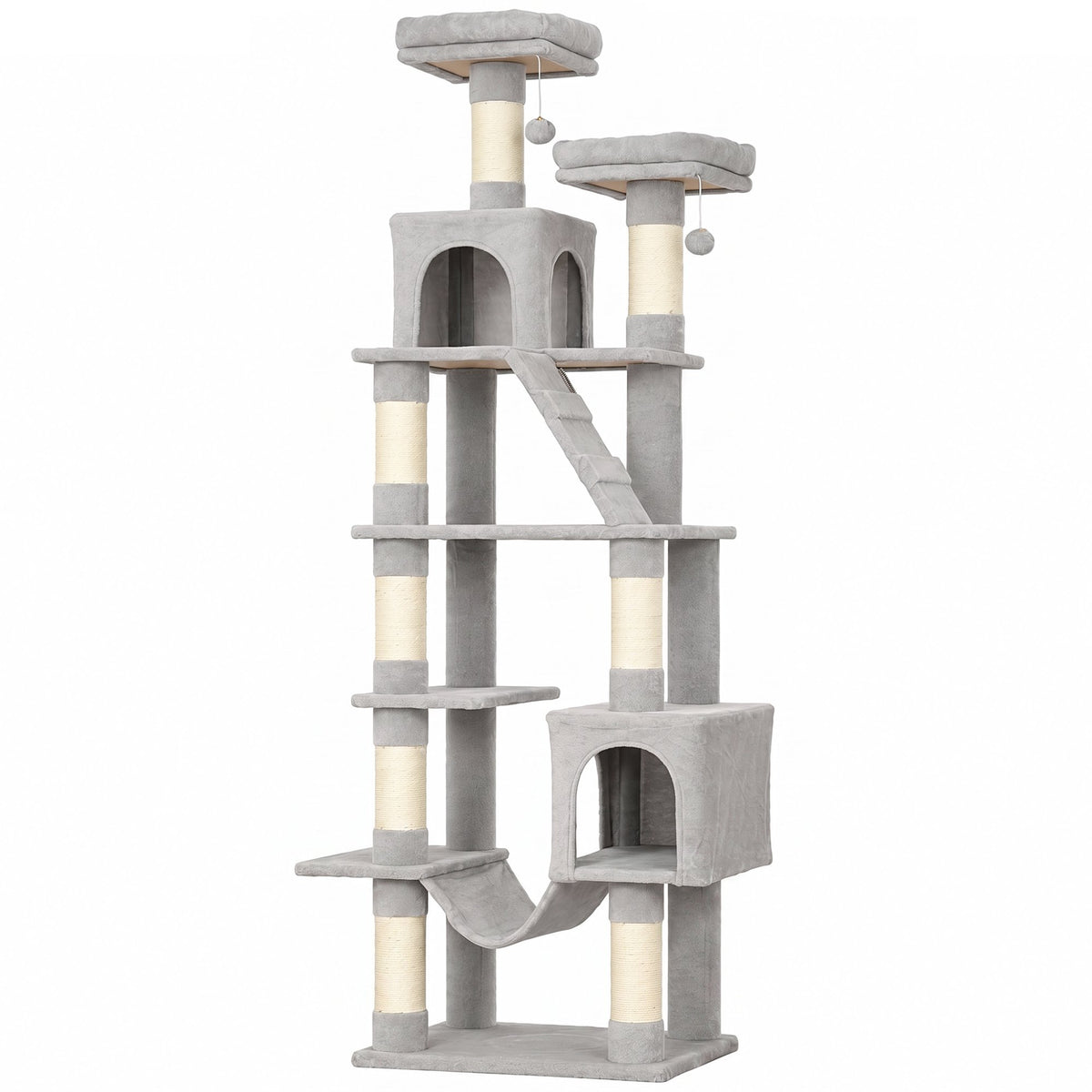 204 cm Multi-Level Cat Tree with Hammock & Caves, Light Grey