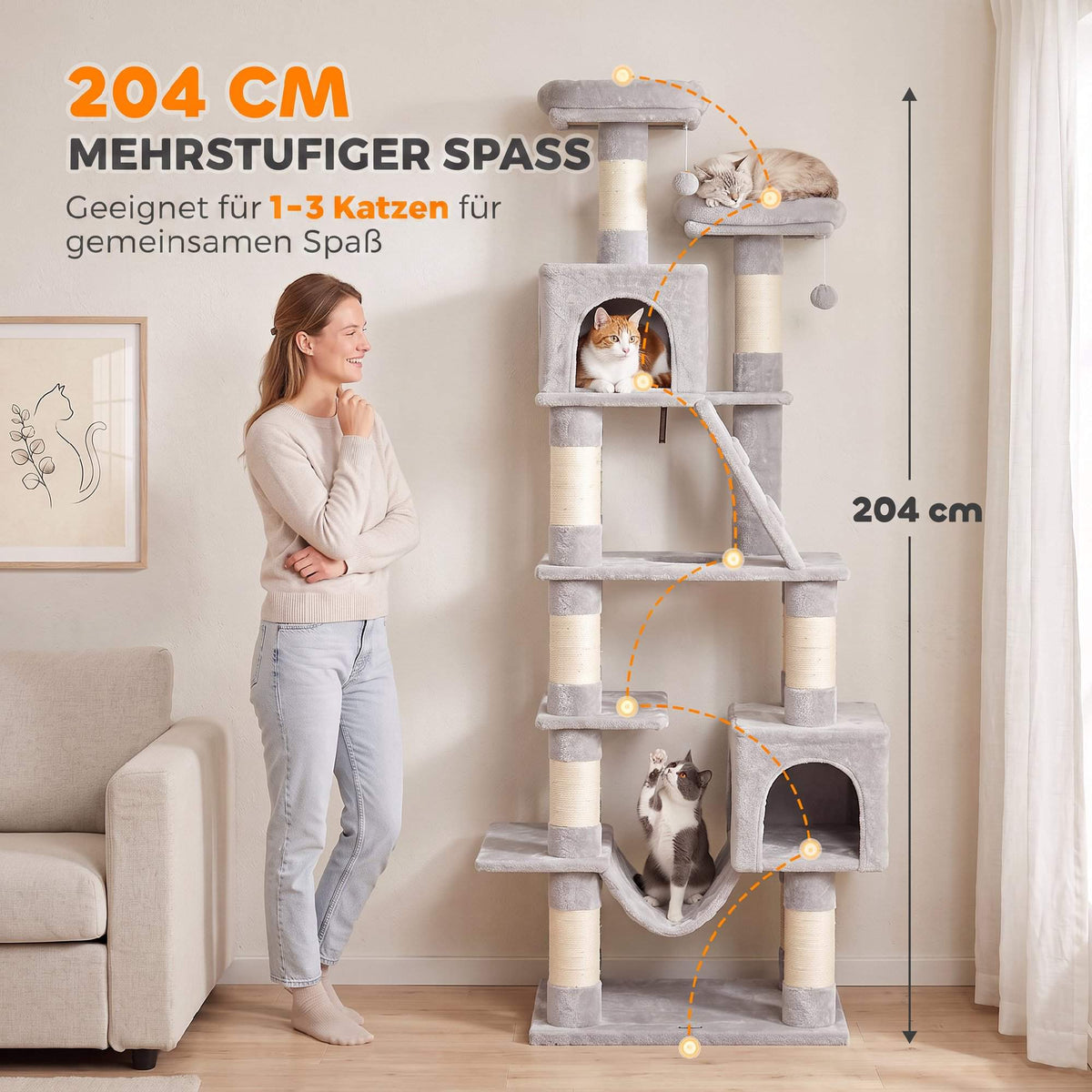 204 cm Multi-Level Cat Tree with Hammock & Caves, Light Grey