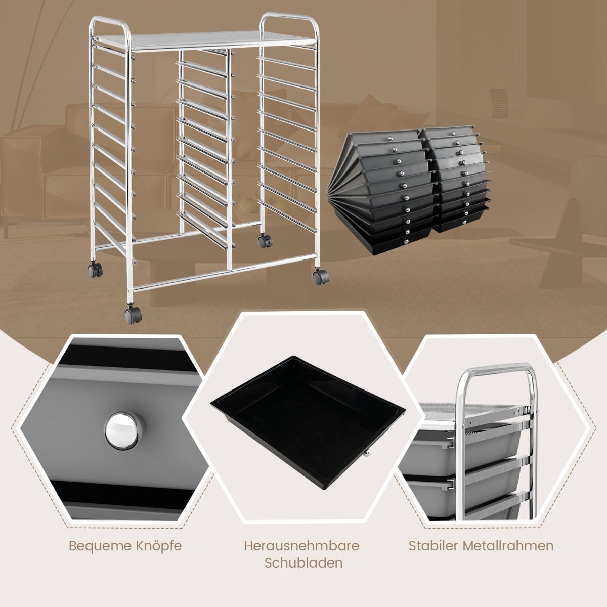 20-Drawer Rolling Cart with Metal Frame, Black