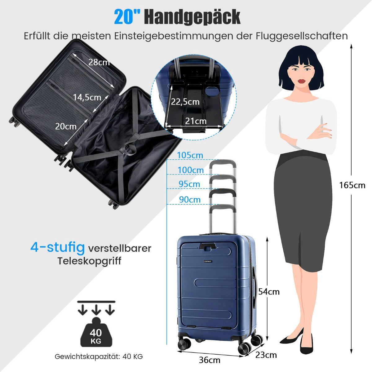 20-Inch Carry-On Hardside Suitcase, Front Pocket, TSA, USB