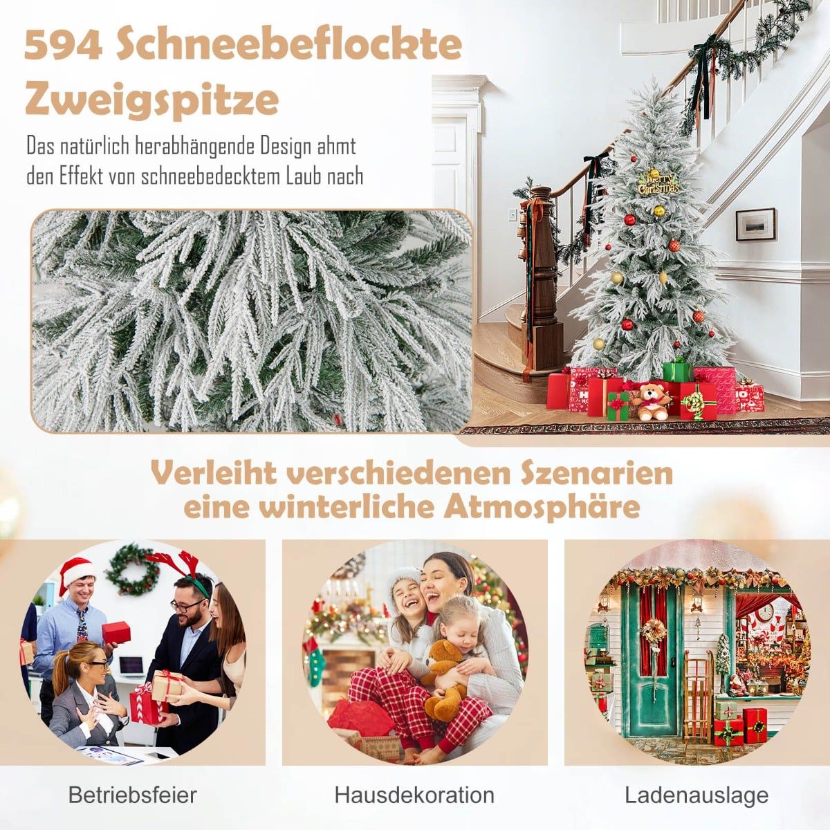 210 cm Artificial Christmas Tree, Snow-Flocked, 350 LEDs