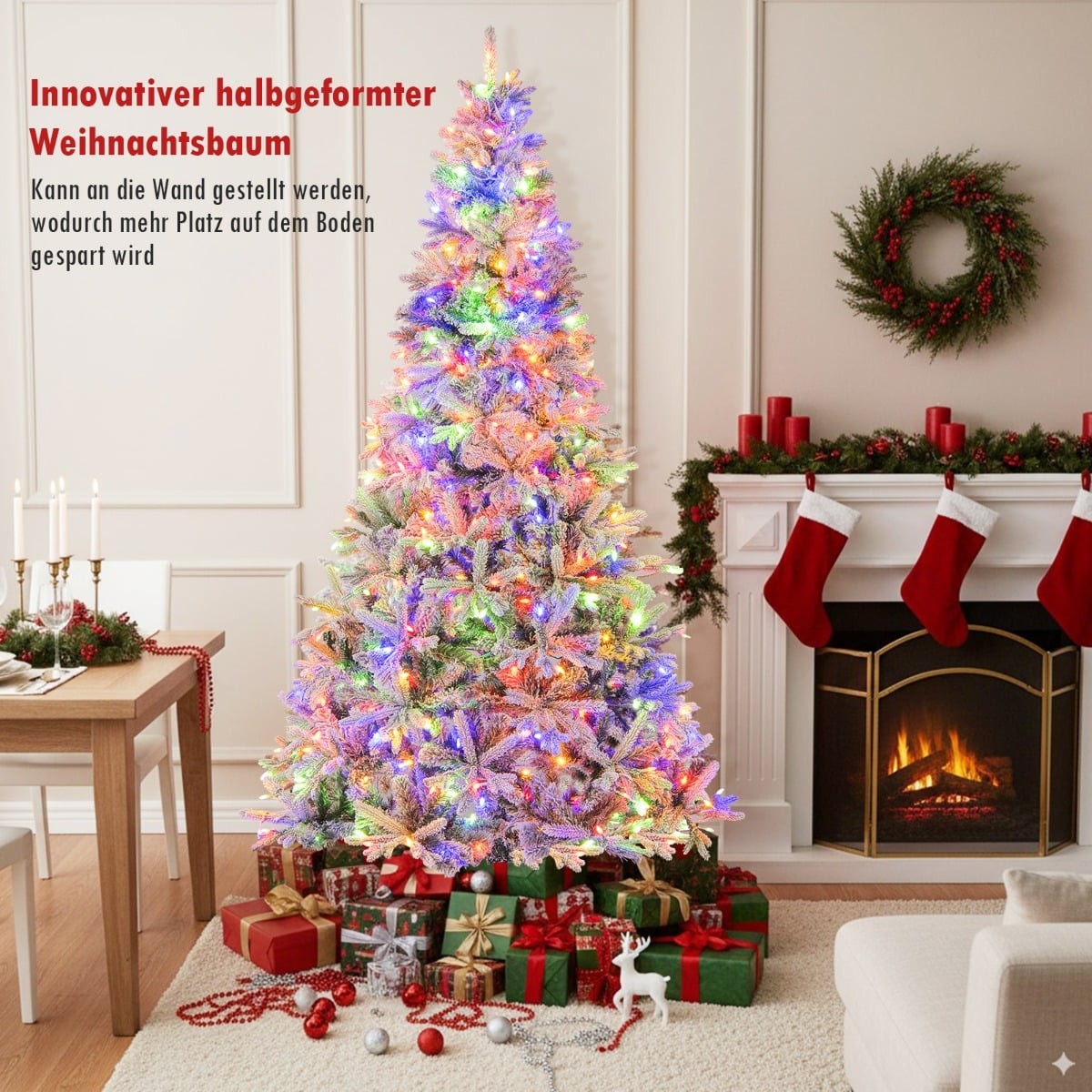 210 cm Pre-Lit Half Artificial Christmas Tree, Snow-Flocked