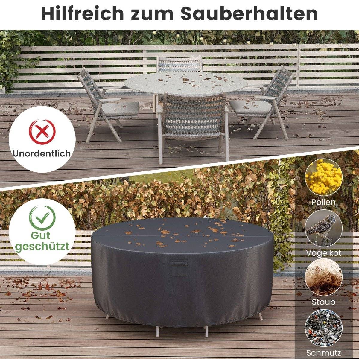 Ø 213 cm round patio furniture cover with ventilation slots & buckles & cords black