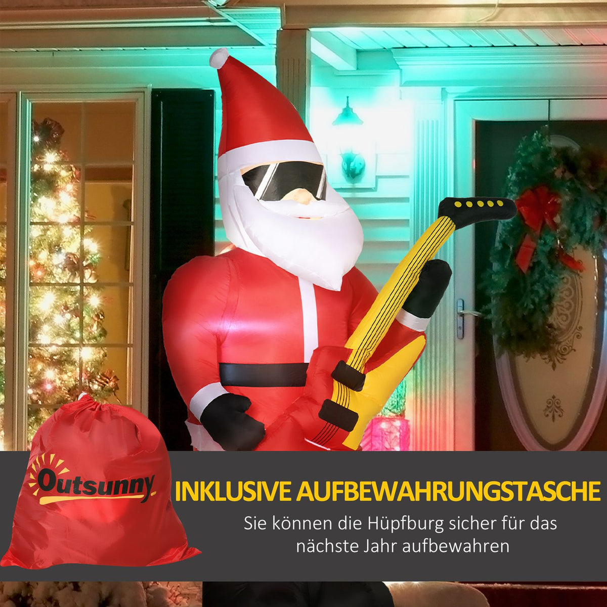 215Cm Inflatable Santa Claus With Electric Guitar Inflatable Christmas Lights Led Self-Inflating Christmas Decoration Waterproof