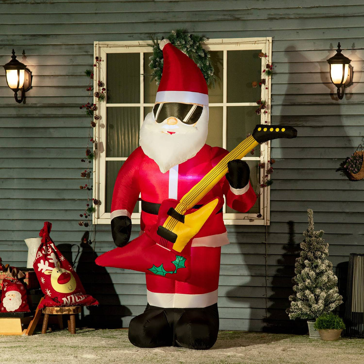 215Cm Inflatable Santa Claus With Electric Guitar Inflatable Christmas Lights Led Self-Inflating Christmas Decoration Waterproof