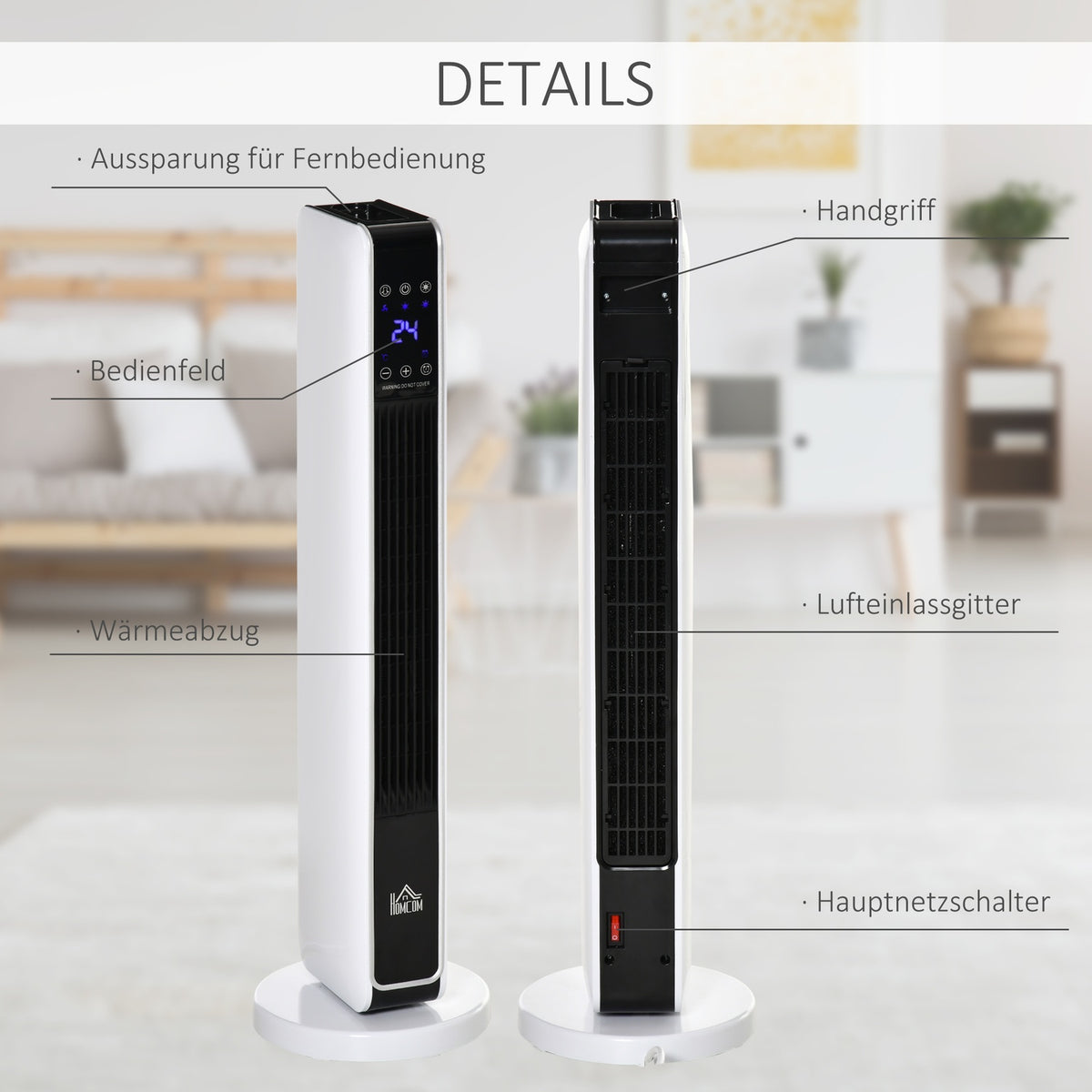 2200W Fan Heater Electric Heater With Remote Control 8-Hour Timer Oscillation Heater Abs Pa White + Black 21 X 21 X 73 Cm