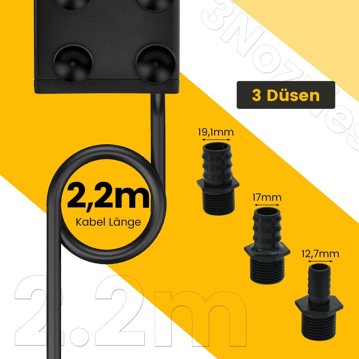 22 W mini aquarium pump with 2.2 m high stroke & 1.83 m power cable & 3 nozzles water pump 900 L/h