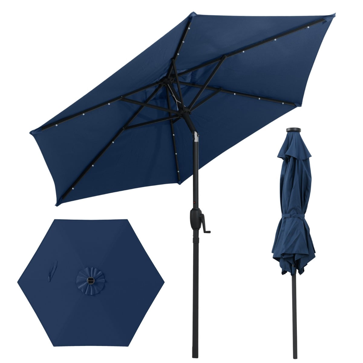 230 cm Patio Umbrella with LED Solar Lights, Navy Blue
