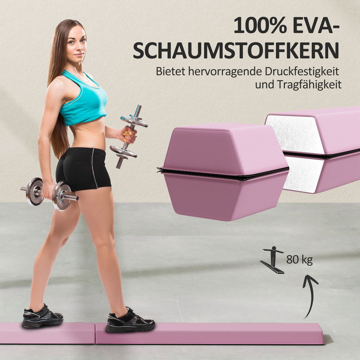 236 cm Folding Balance Beam, Portable Gymnastics Beam, Non-Slip Balance Beam, Gymnastics and Balancing Beam up to 80 kg, for Children from 3 Years, Indoor & Outdoor, Pink