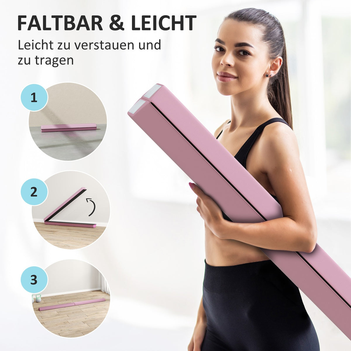 236 cm Folding Balance Beam, Portable Gymnastics Beam, Non-Slip Balance Beam, Gymnastics and Balancing Beam up to 80 kg, for Children from 3 Years, Indoor & Outdoor, Pink