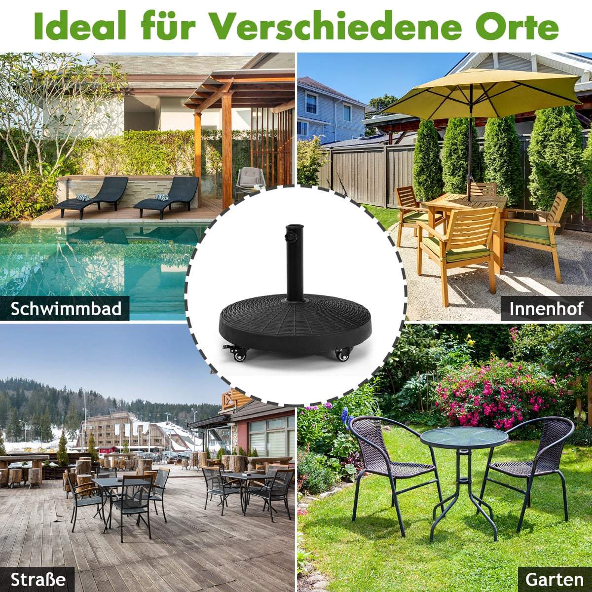 23 kg Umbrella Stand with Wheels, Resin Base, Black