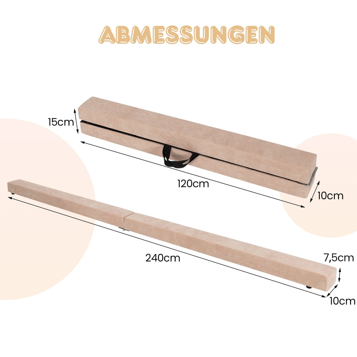 240 cm Folding Gymnastics Beam with Suede Cover, Brown
