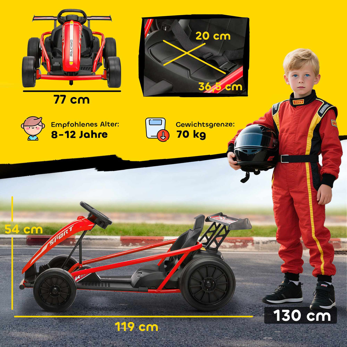 24V Electric Go-Kart for Drifting, Ages 8-12, Red