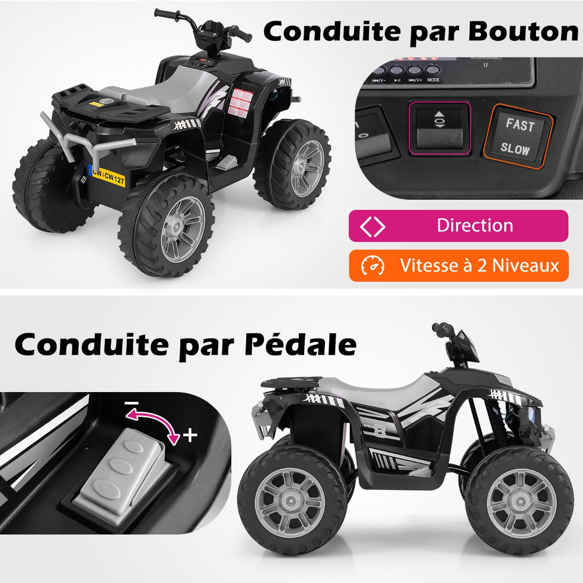 24V Kids Electric Quad ATV, Wireless Music, 2-Speed