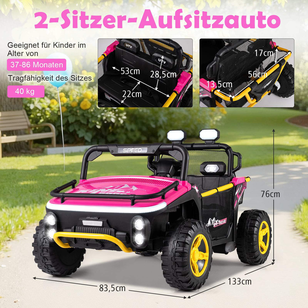 24V Kids Electric Ride-On Truck, 2-Seater, Pink