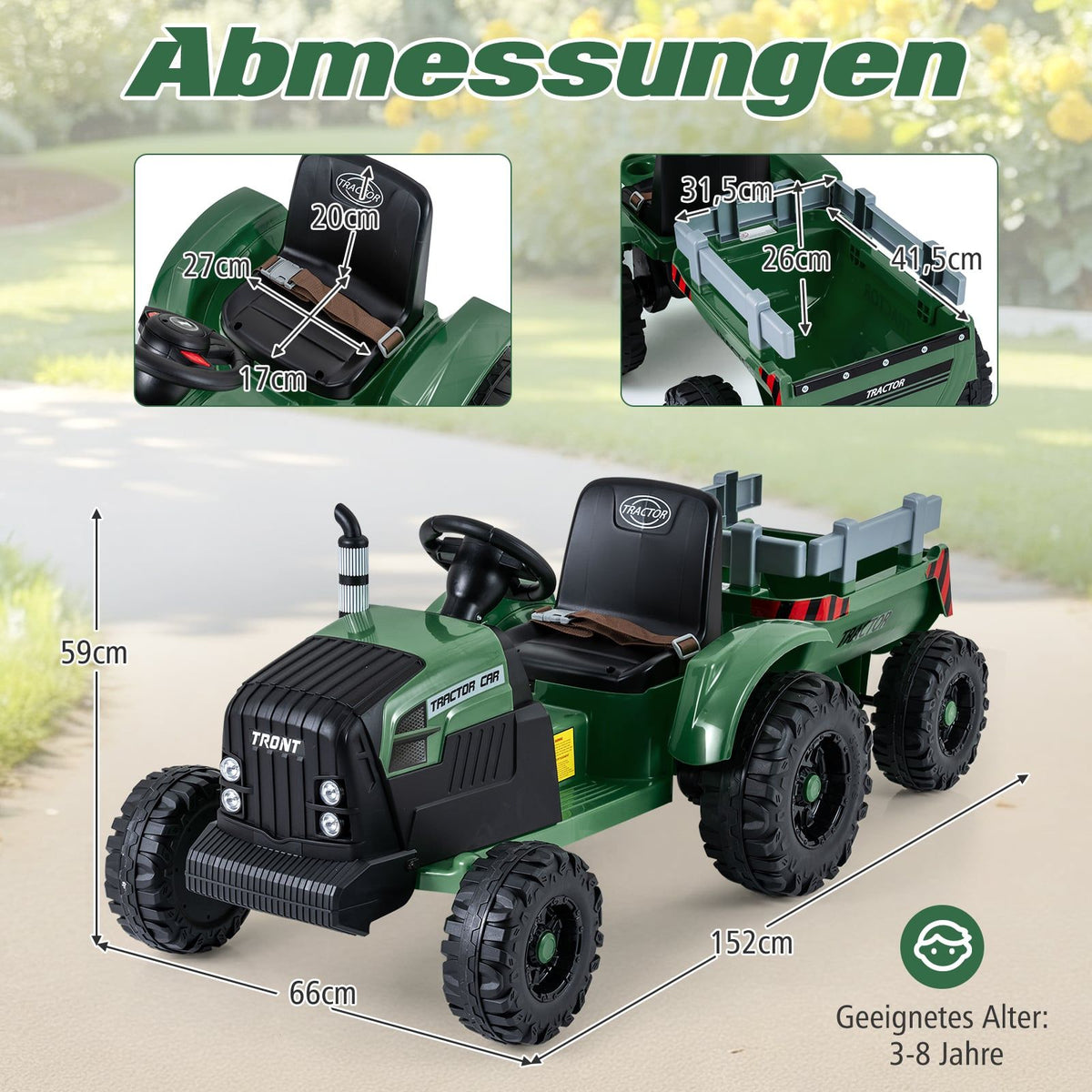 24V Kids Electric Tractor with Detachable Trailer, Remote Control