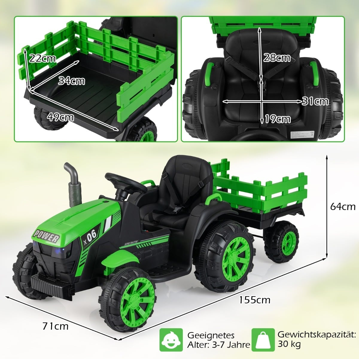 24V Kids Electric Tractor with Trailer, LED, Music, Green