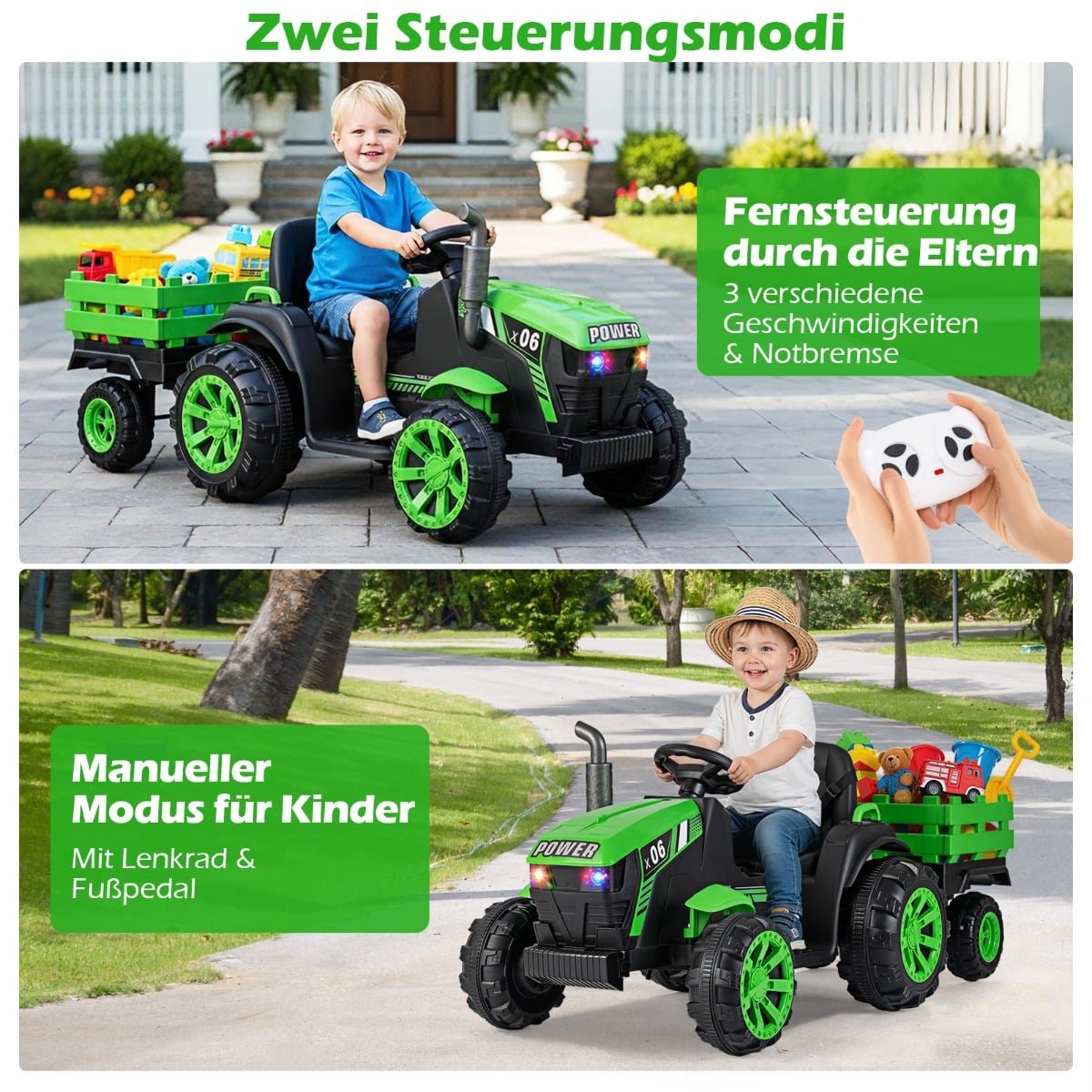 24V Kids Electric Tractor with Trailer, LED, Music, Green
