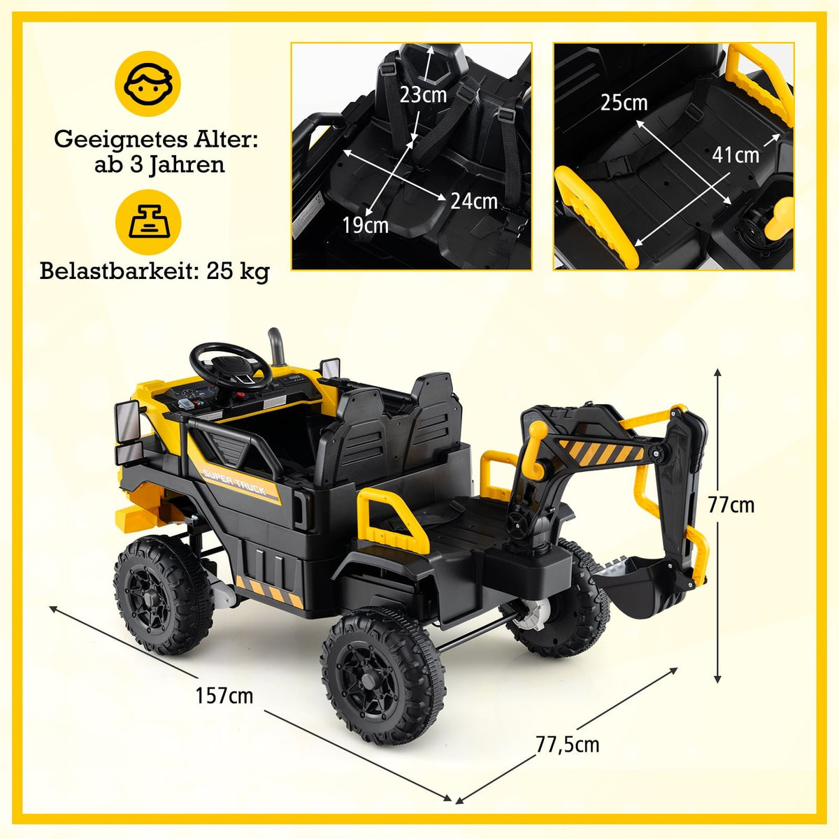 24V Kids Ride-On Excavator with Remote, 4WD, Yellow