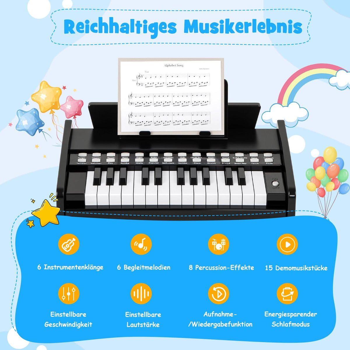 25-Key Kids Digital Piano – Adjustable Speed, Black
