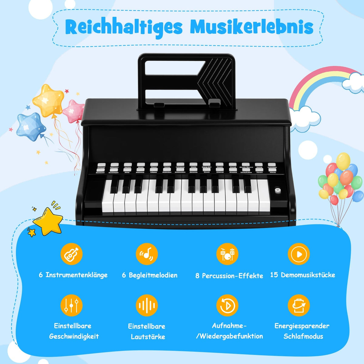 25-Key Kids Digital Piano, Adjustable Speed, Black