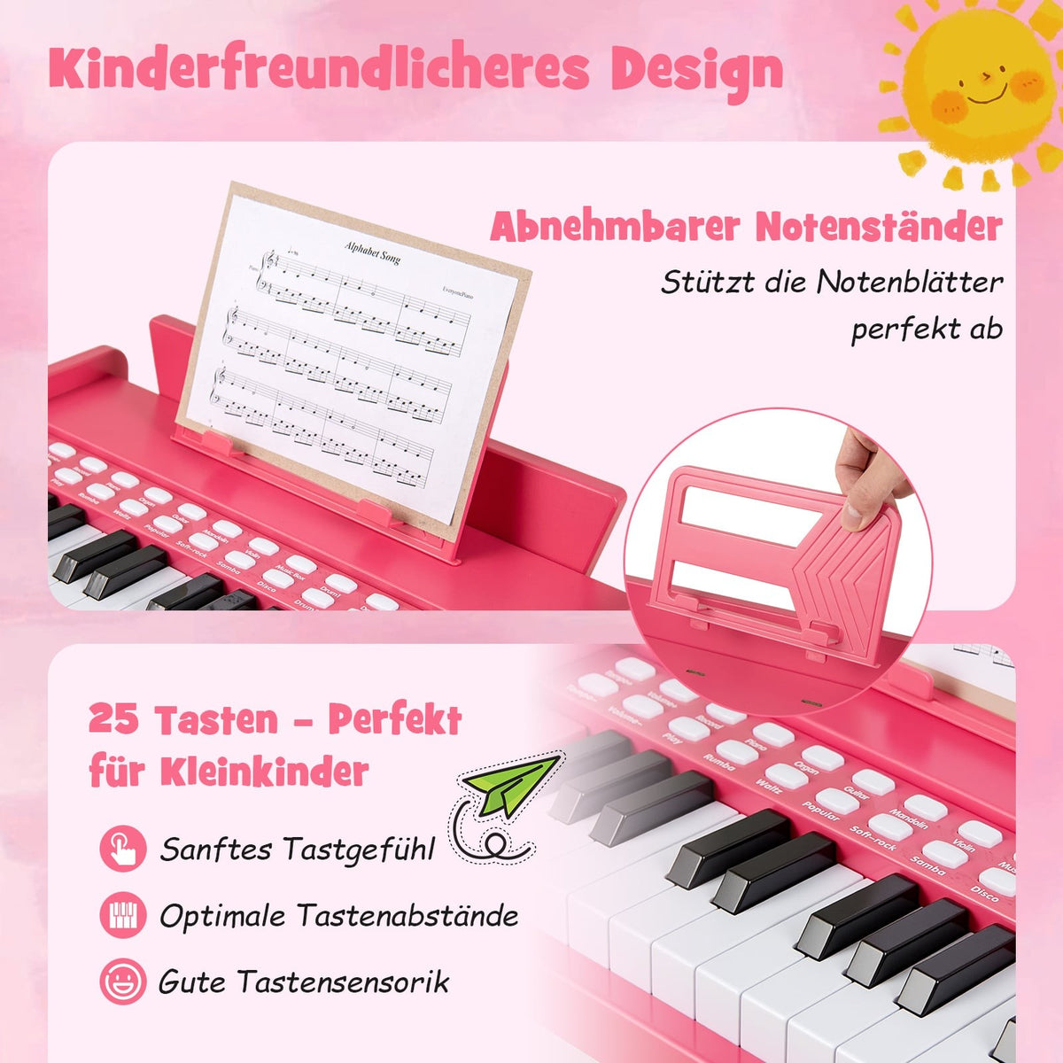 25-Key Kids Digital Piano – Adjustable Speed, Pink