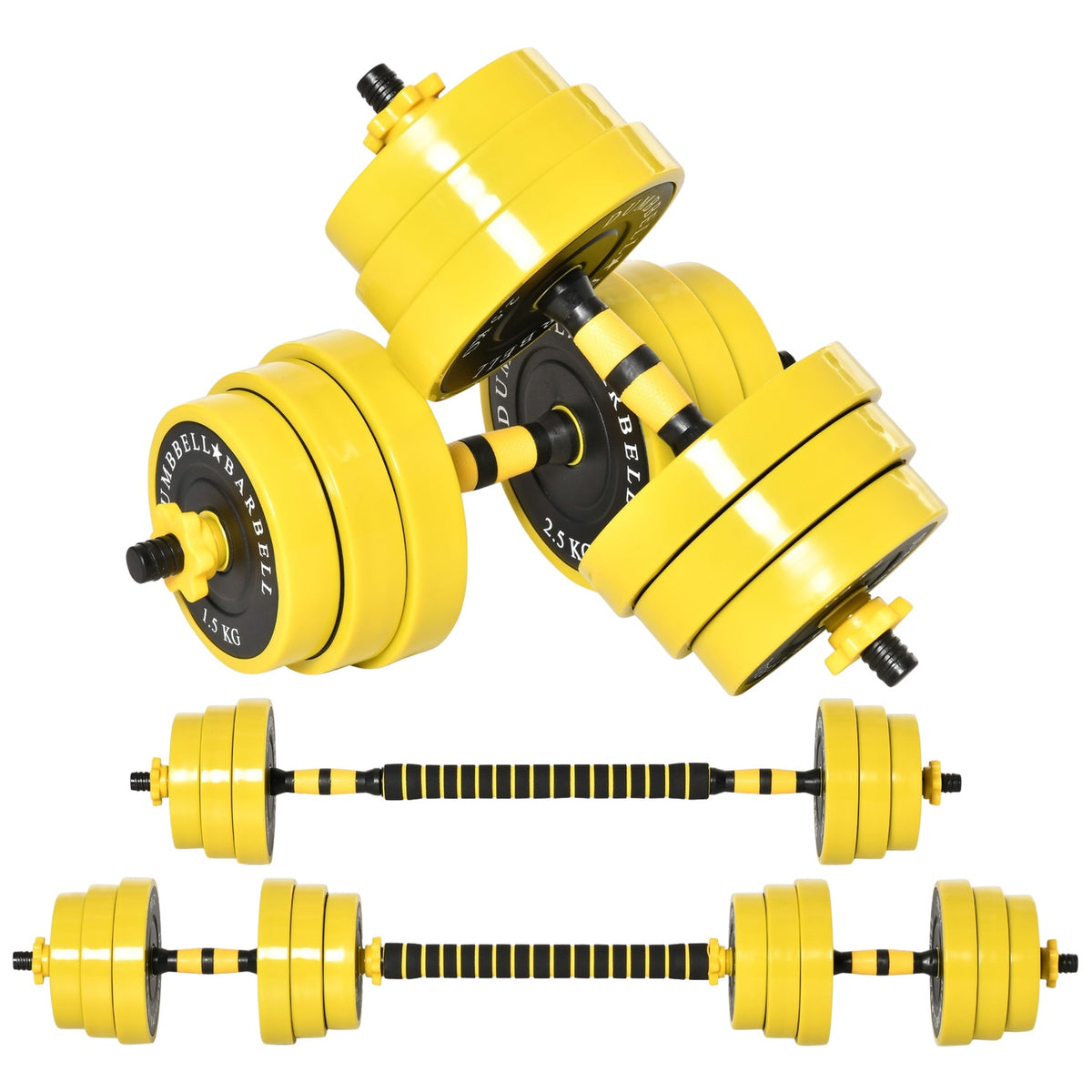 25 kg dumbbell set 3-in-1 adjustable ergonomic with 12 plates 2 short sticks and 1 long stick in yellow black for fitness