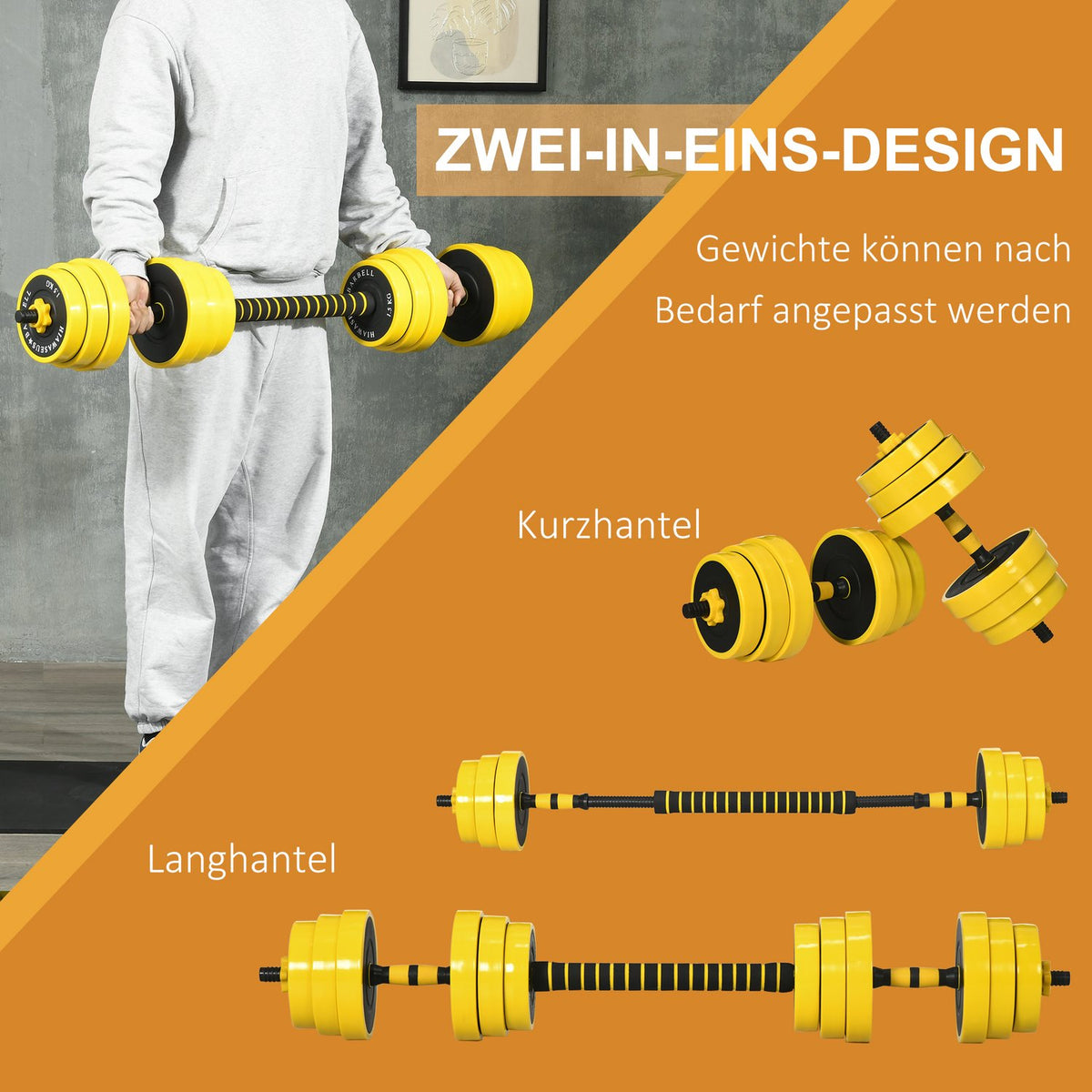 25 kg dumbbell set 3-in-1 adjustable ergonomic with 12 plates 2 short sticks and 1 long stick in yellow black for fitness