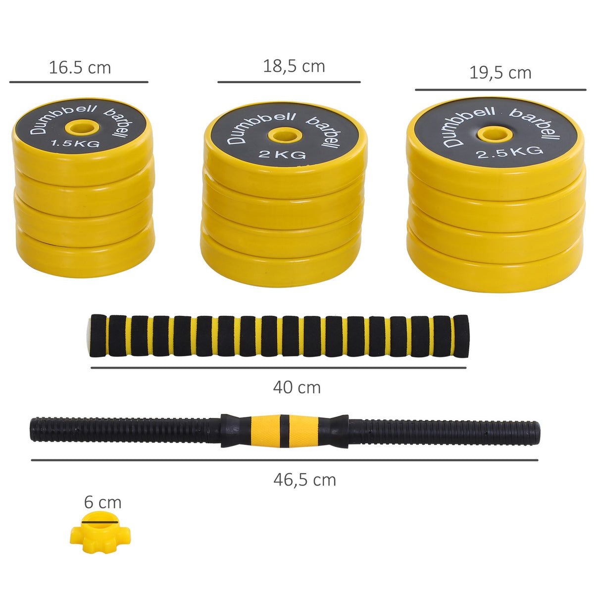 25 kg dumbbell set 3-in-1 adjustable ergonomic with 12 plates 2 short sticks and 1 long stick in yellow black for fitness