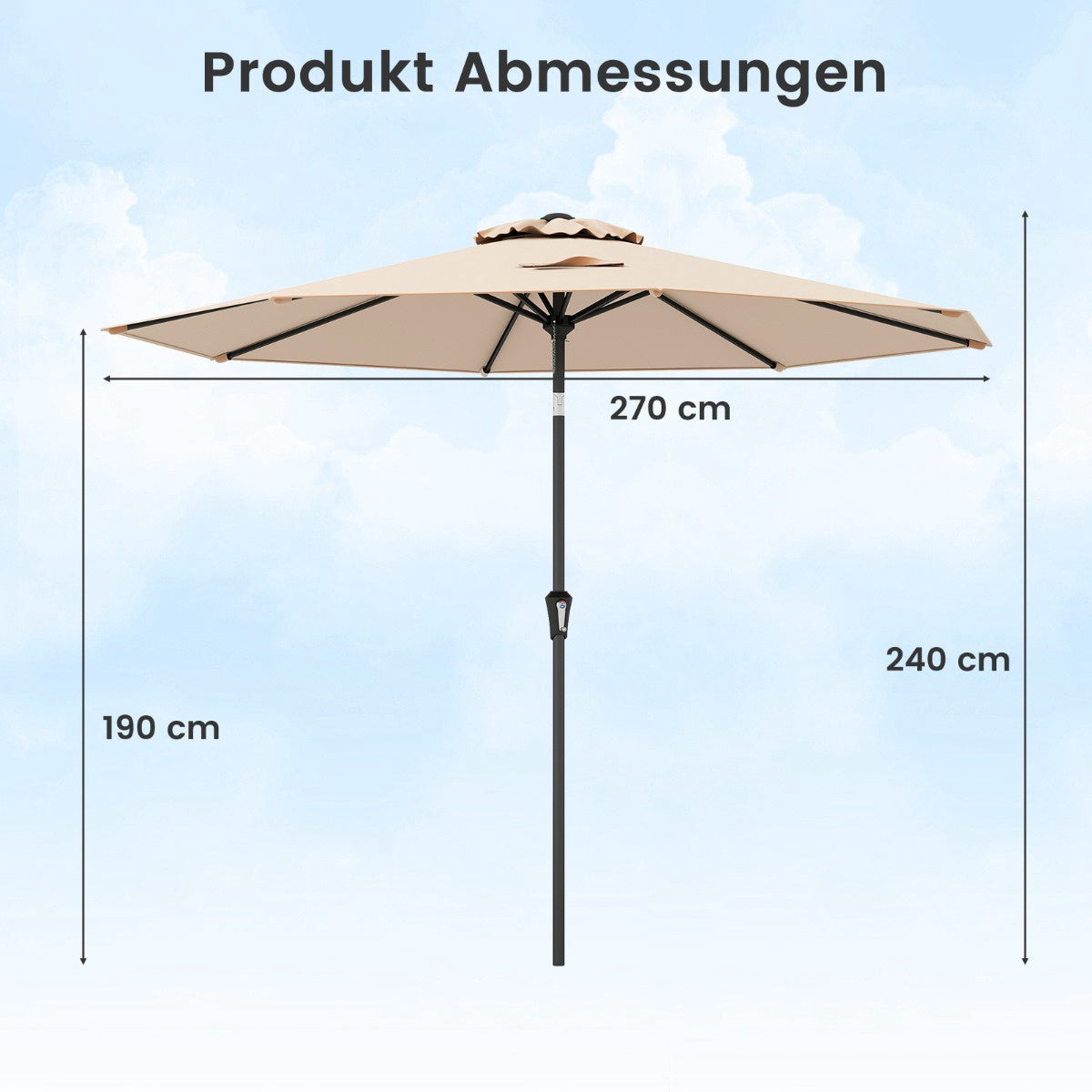 270 cm Brown Patio Umbrella with Crank and Tilt Mechanism