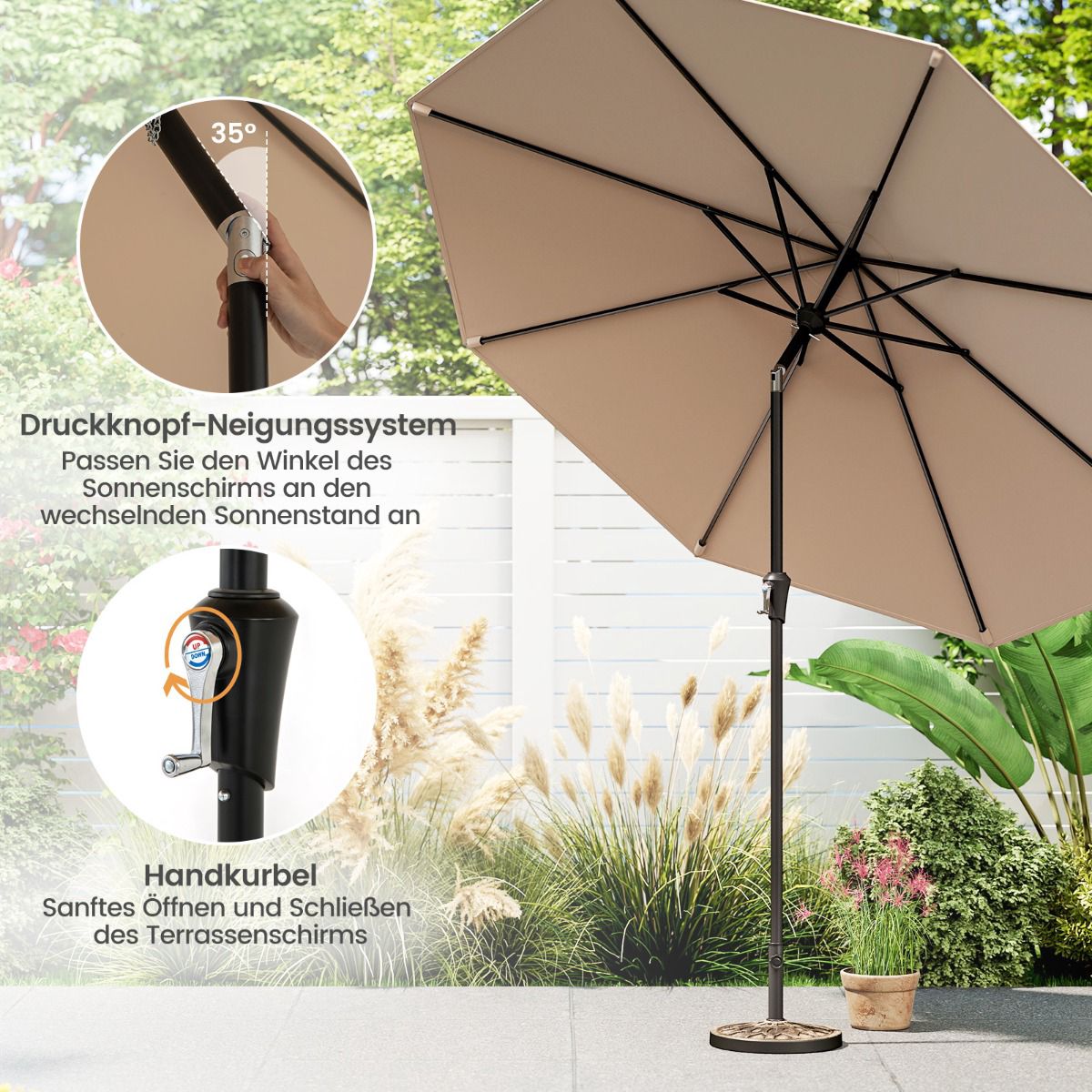 270 cm Brown Patio Umbrella with Crank and Tilt Mechanism