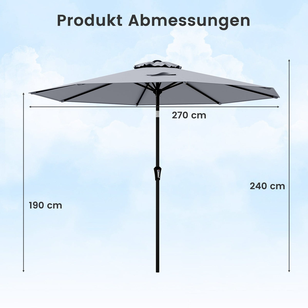 270 cm Grey Patio Umbrella, Crank Tilt, UV Protection