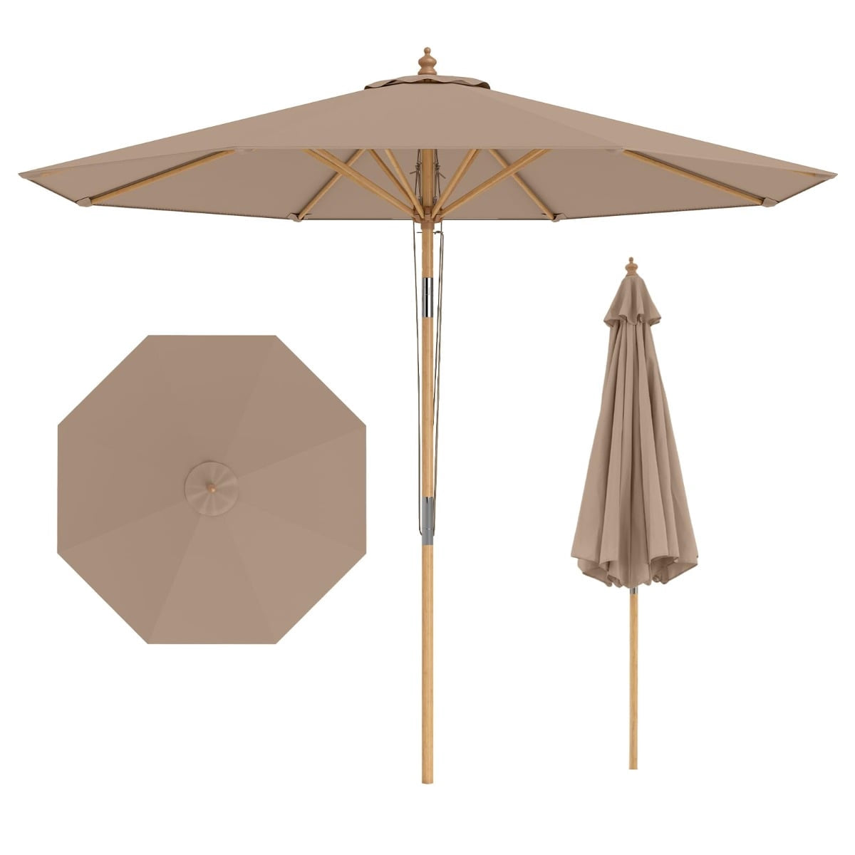 270 cm Patio Umbrella, Bamboo, Adjustable Tilt, Khaki