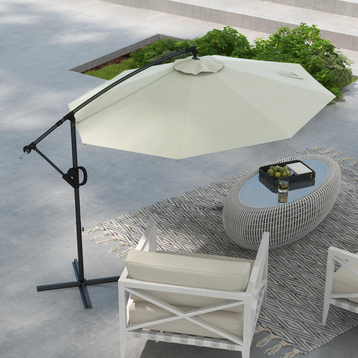 Ø293 Cm Cantilever Umbrella With Cross Base, Parasol With Crank, Tilt And 8 Ribs, Hanging Patio Umbrella, Cream
