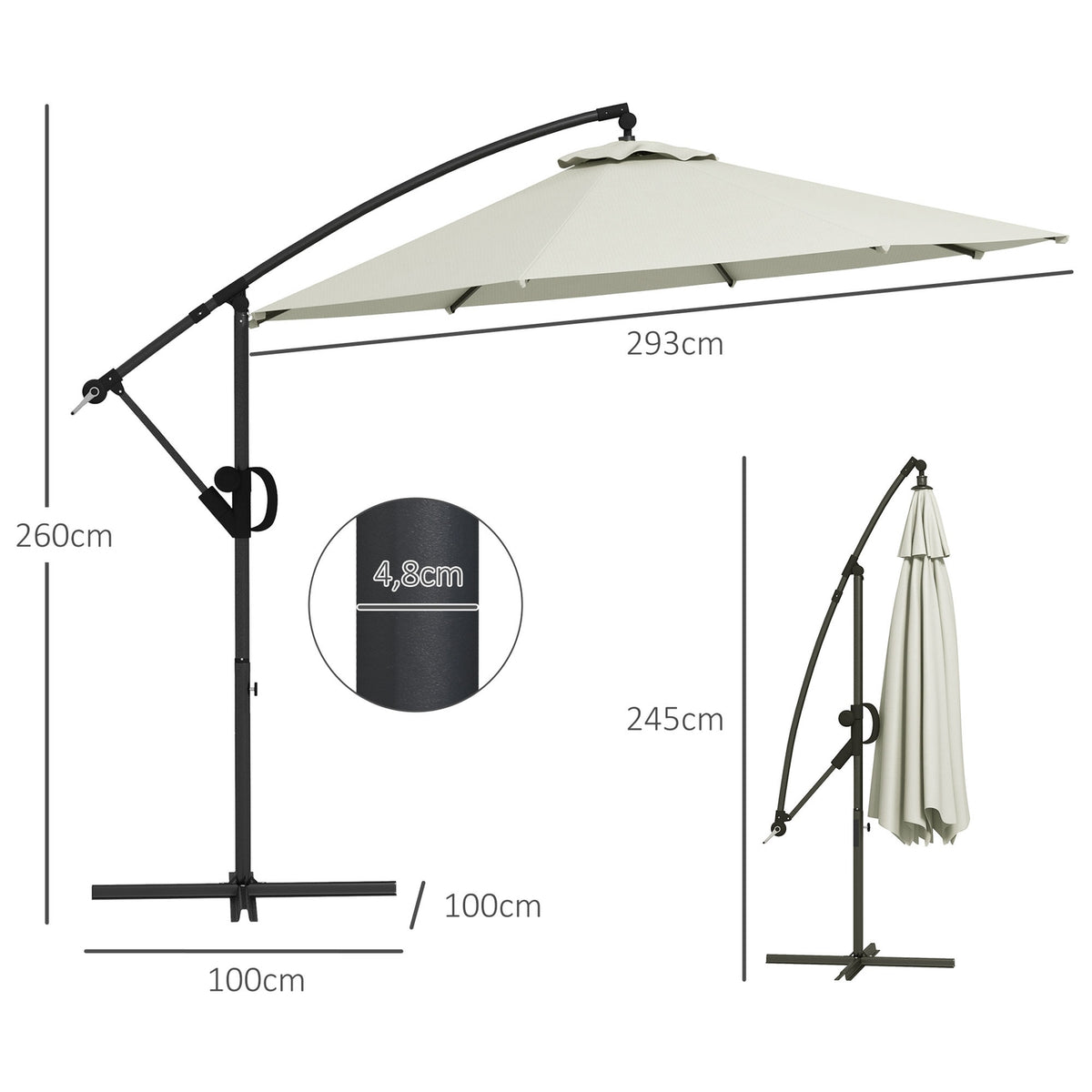 Ø293 Cm Cantilever Umbrella With Cross Base, Parasol With Crank, Tilt And 8 Ribs, Hanging Patio Umbrella, Cream