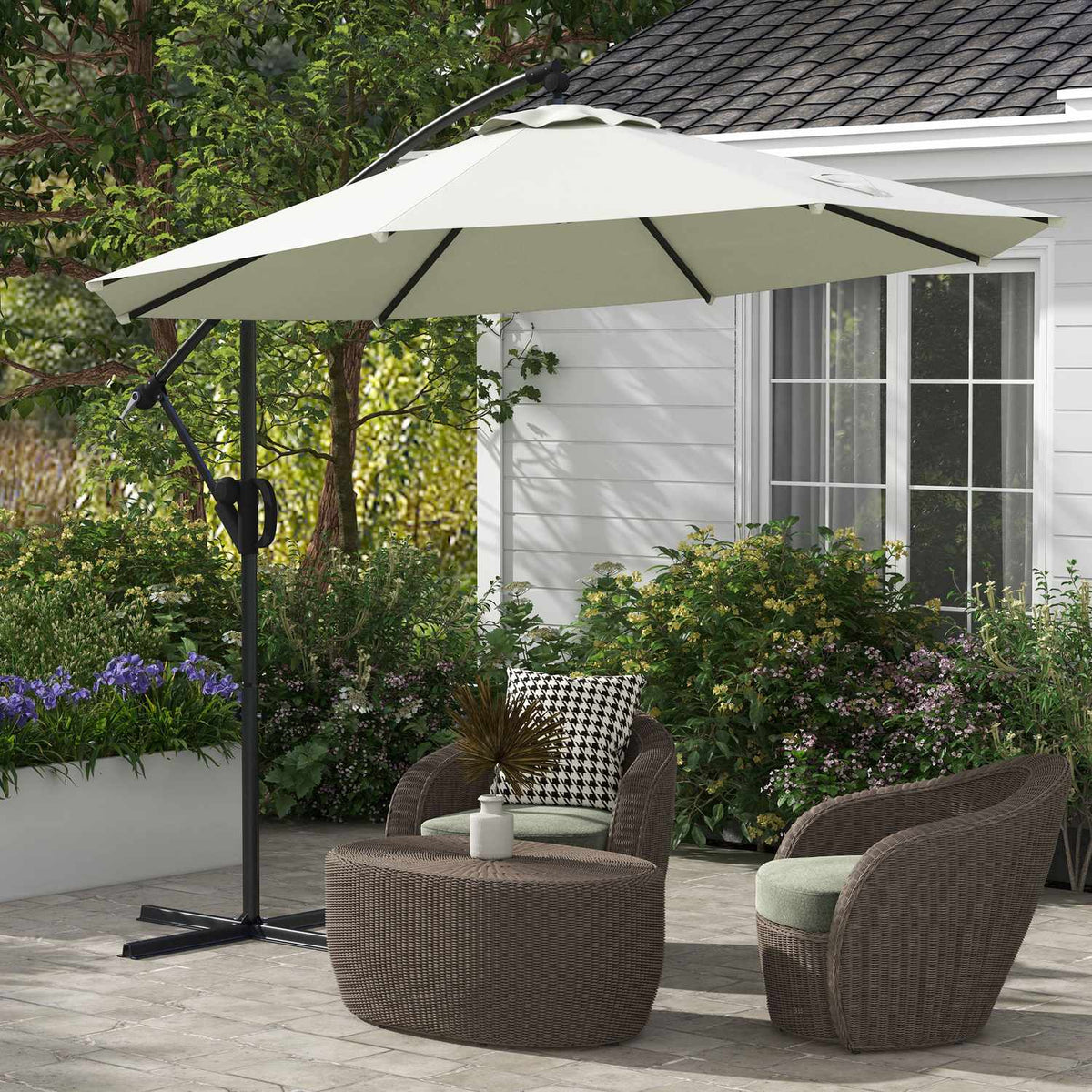 Ø293 Cm Cantilever Umbrella With Cross Base, Parasol With Crank, Tilt And 8 Ribs, Hanging Patio Umbrella, Cream