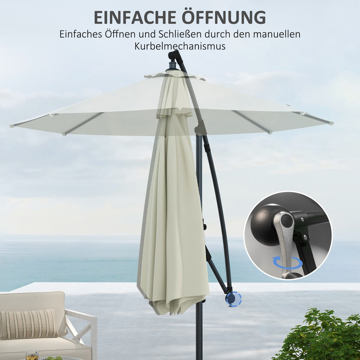 Ø293 Cm Cantilever Umbrella With Cross Base, Parasol With Crank, Tilt And 8 Ribs, Hanging Patio Umbrella, Cream