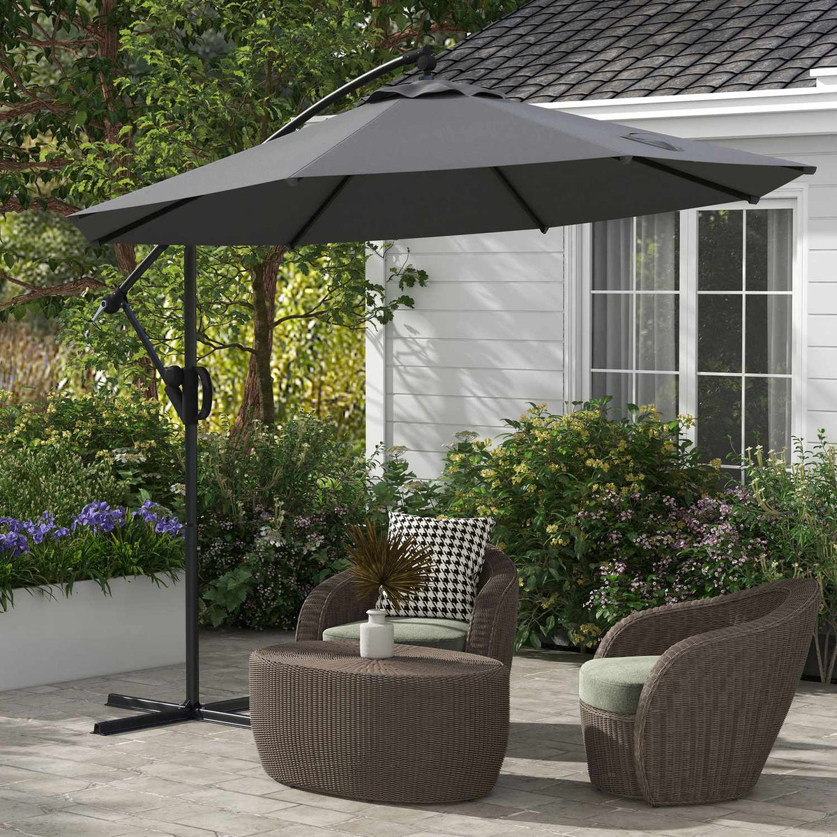 Ø293 Cm Cantilever Umbrella With Cross Base, Parasol With Crank, Tilt And 8 Ribs, Hanging Patio Umbrella