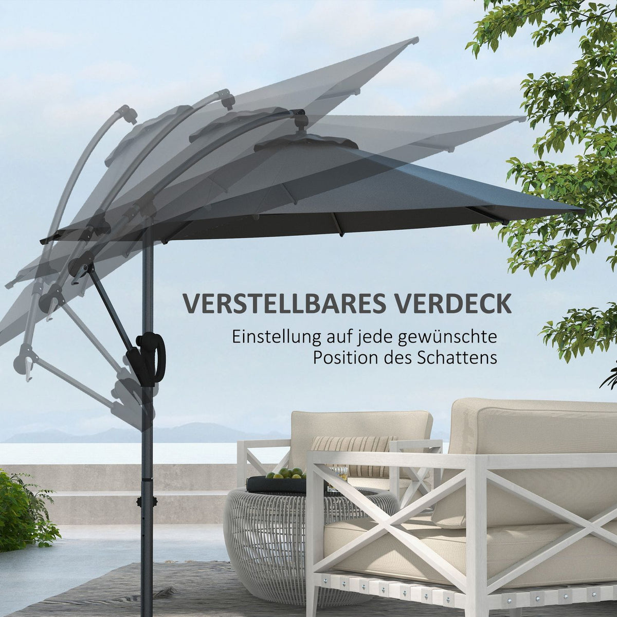 Ø293 Cm Cantilever Umbrella With Cross Base, Parasol With Crank, Tilt And 8 Ribs, Hanging Patio Umbrella