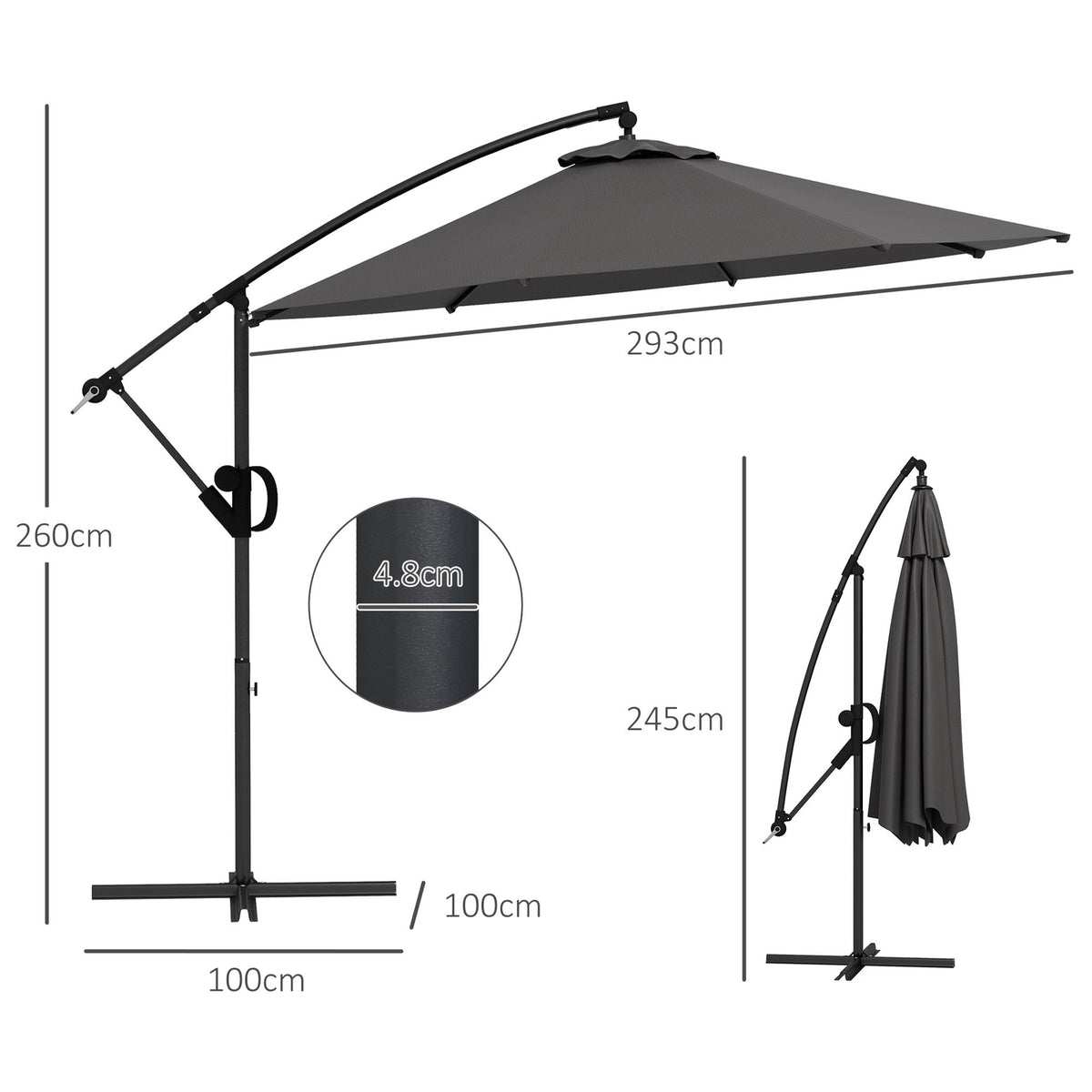 Ø293 Cm Cantilever Umbrella With Cross Base, Parasol With Crank, Tilt And 8 Ribs, Hanging Patio Umbrella