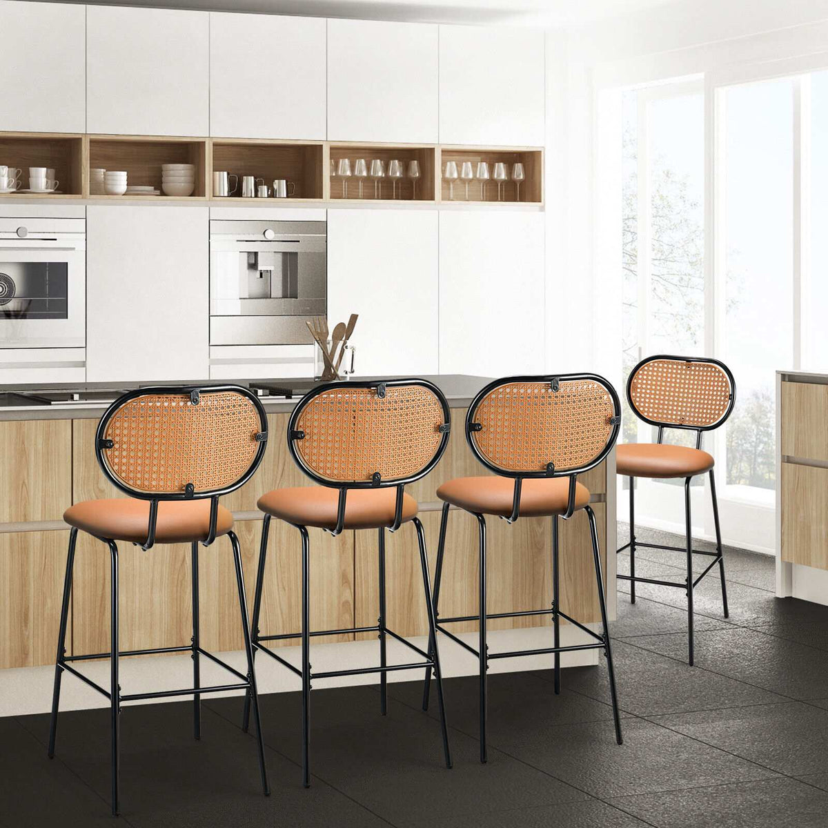 29.5-Inch Faux Leather Bar Stool, Rattan Back, Brown
