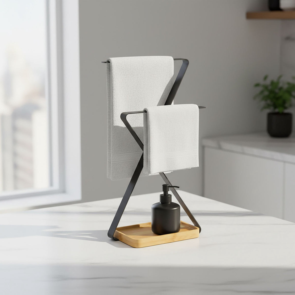 2-Arm Z-Shaped Towel Rack with Bamboo Shelf
