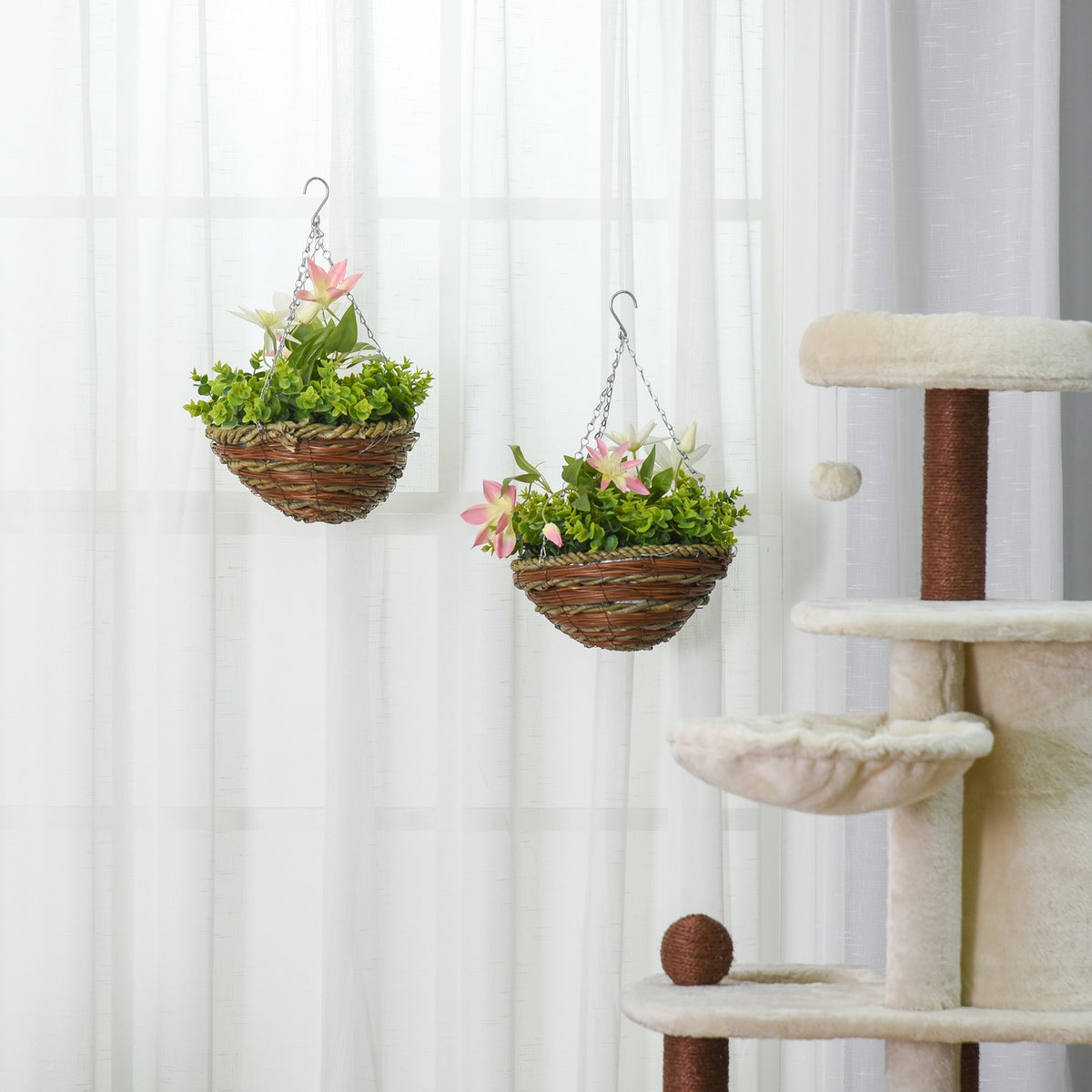 2 Artificial Hanging Plants Clematis In Pot With Hooks, Decoration, Pe, Pink+Green, 30X30X32Cm
