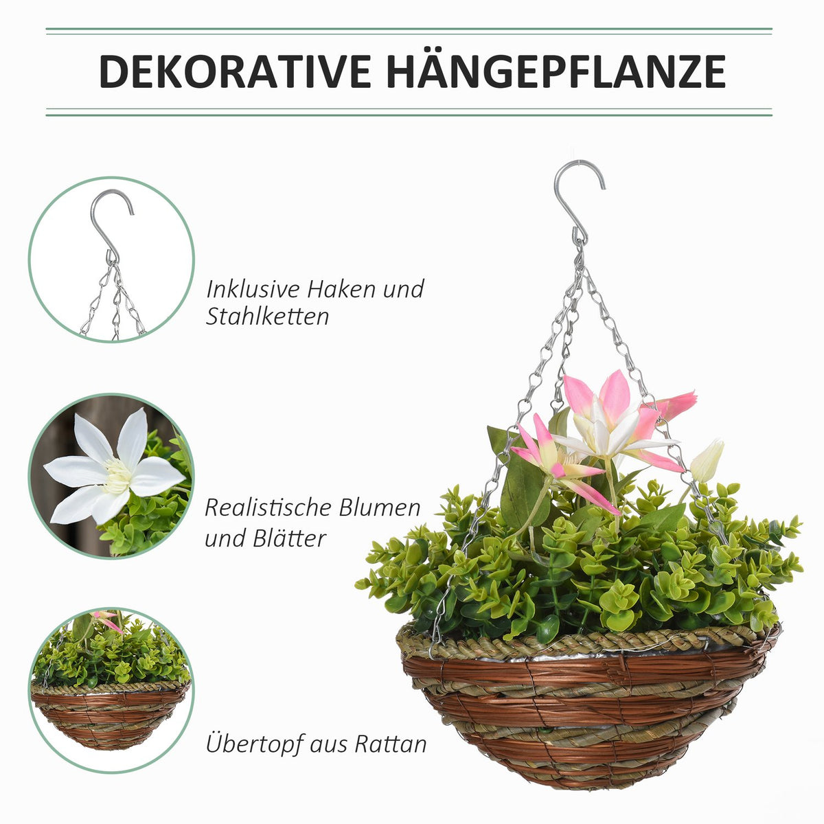 2 Artificial Hanging Plants Clematis In Pot With Hooks, Decoration, Pe, Pink+Green, 30X30X32Cm
