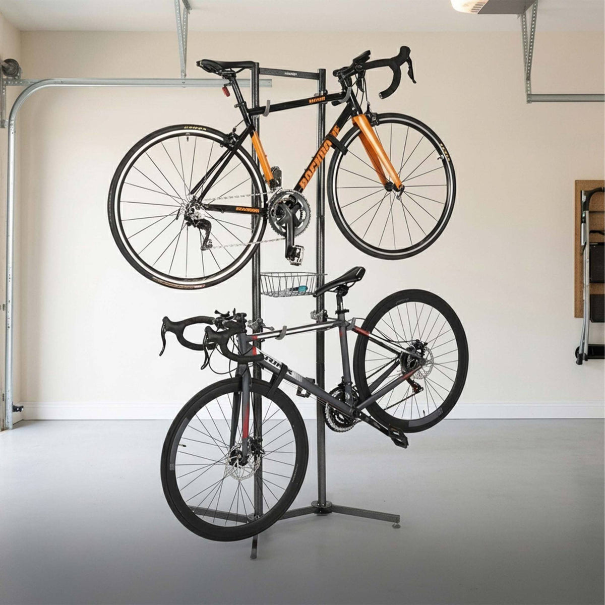 2-Bike Stand with Basket, Adjustable Arms, Black/Grey
