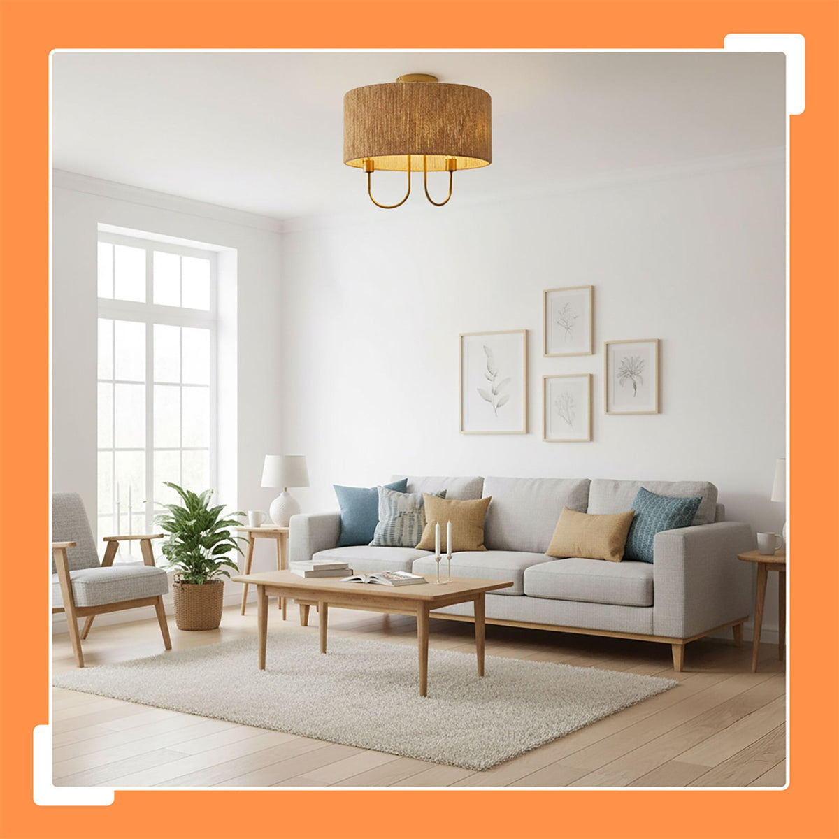 2-Bulb Ceiling Lamp, Paper Cord & Bronze Finish