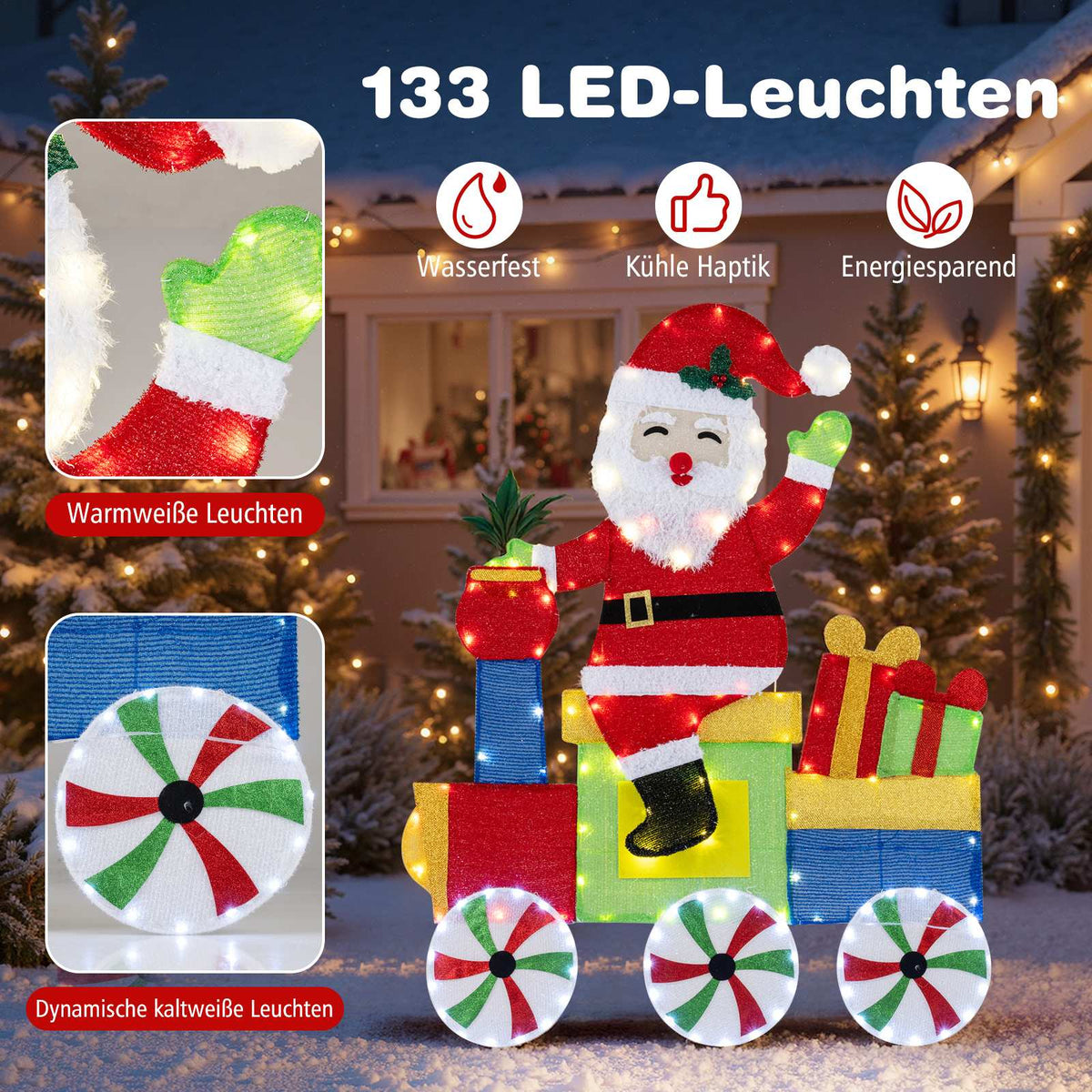 2D Santa Train Decoration with 133 LED Lights, Metal Frame