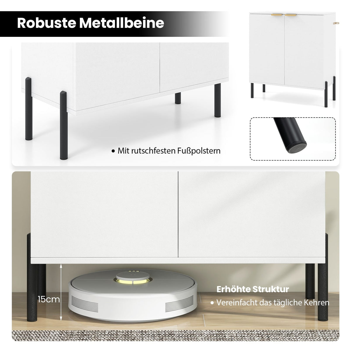 2-Door White Sideboard Cabinet with Metal Legs