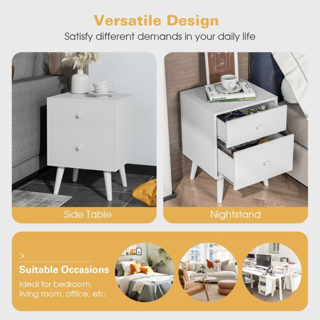 2-Drawer Nightstand, Solid Rubberwood Legs, White