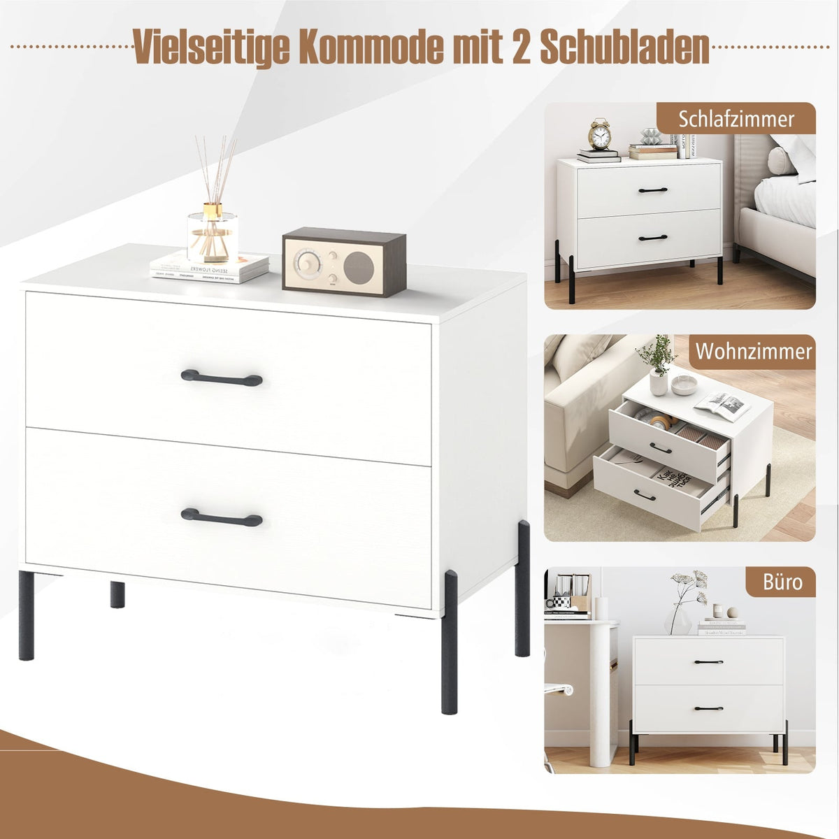 2-Drawer Wood Nightstand with Metal Legs, White